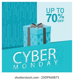 Cyber ​​Monday Sale up to 70%. Gift box with gray ribbon. Cyber ​​Monday concept. Flat vector illustration.