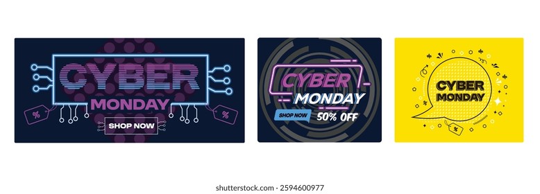 Cyber ​​Monday sale advertisement with neon design. Shopping promotions and discount offers. Suitable for online sales promotions. Cyber ​​Monday concept. Set flat vector illustration.