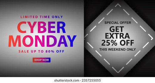 
Cyber ​​Monday sale banner with bright red to blue gradient color typography on background, vector illustration template.