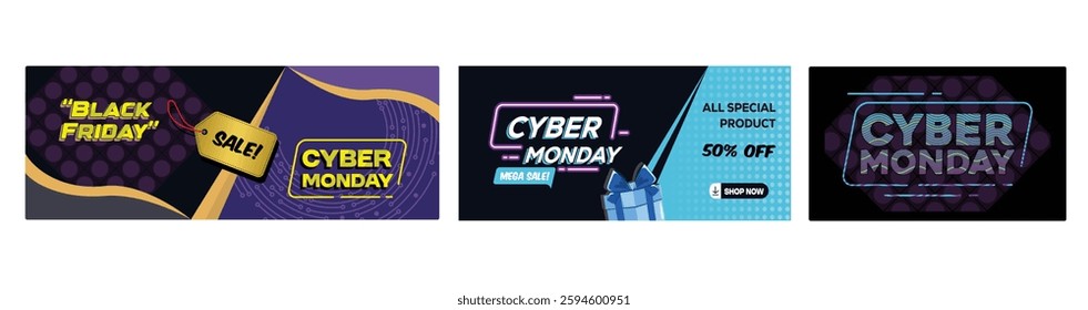 Cyber ​​Monday sale banner. Offering a big sale during online shopping promotions. Suitable for digital marketing promotions. Cyber ​​Monday concept. Set flat vector illustration.