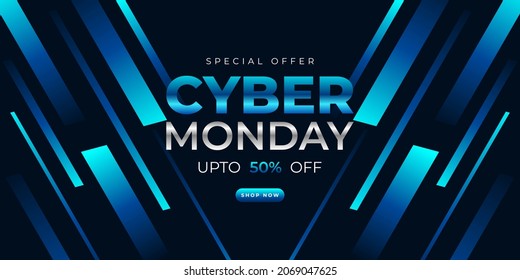 Cyber ​​Monday sale banner template design with blue light effect on dark background for advertising poster or business promotion