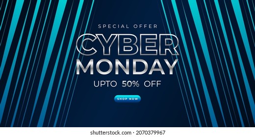 Diseño de Cyber・monday con banner de venta con efecto de luz azul sobre fondo oscuro para afiche publicitario o promoción de negocios