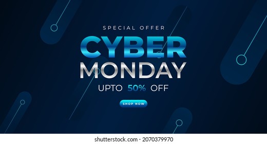 Diseño de Cyber・monday con banner de venta con efecto de luz azul sobre fondo oscuro para afiche publicitario o promoción de negocios