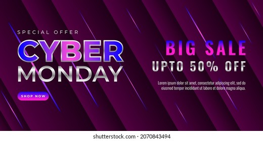 Cyber ​​Monday sale banner template design with blue and pink light effect on dark background for advertising poster or business promotion