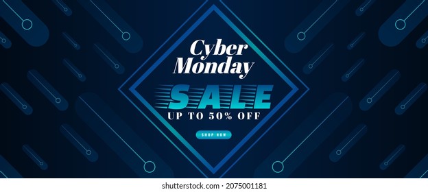 Diseño de Cyber・monday con banner de venta con efecto de luz azul sobre fondo oscuro para afiche publicitario o promoción de negocios