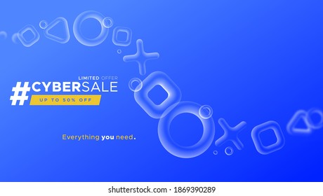 Cyber sale event - web template illustration for online store discount or special offer, Technology promotion background with abstract blue 3D geometric shapes.