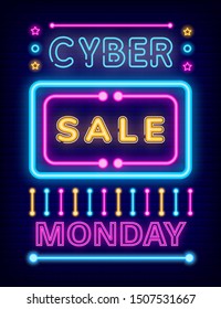 Cyber sale on monday, discount illustration. Neon signboard vector and caption, inscription on it. Clearance, lower price on goods. Designed inscription on board for promotion in shops and stores