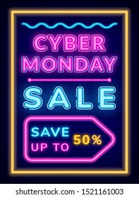 Cyber sale on Monday, save up to 50 percent. Vector billboard illustration with neon violet and blue letters and signs. Lower price on products, best offer for people. Designed board for advertisement