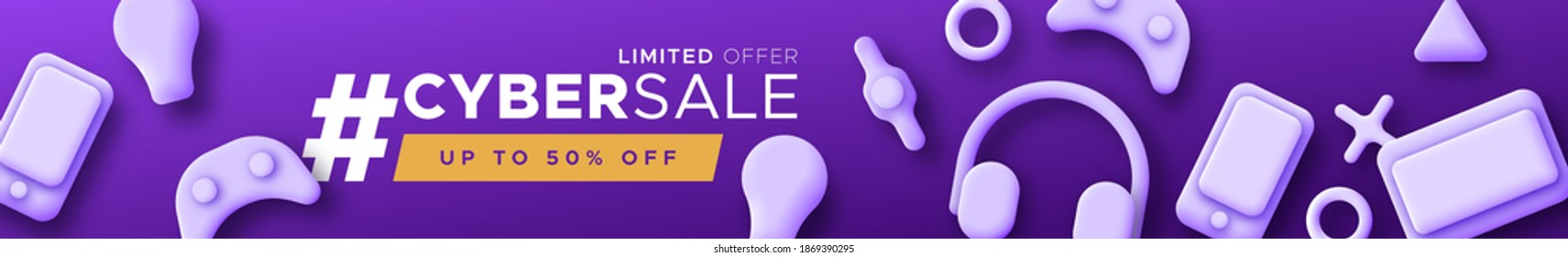 Cyber sale promo - web cover illustration for online store discount or special offer. Technology promotion background with blue 3D devices. Includes mobile phone, heaphones and tablet gadget.