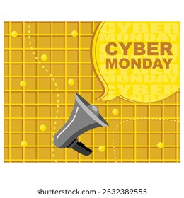 Cyber ​​Monday Sales. Megaphone yellow banner. Special offer price sign. Advertising Discount Symbol. Cyber ​​Monday Chatter think megaphone messages. flat vector modern illustration 