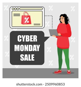 Cyber ​​Monday sales on the internet. Young woman buying goods online. Cyber ​​Monday concept. Flat vector illustration.