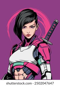 Cyber Samurai Girl in Pink Armor with Sword Vector Design Illustration