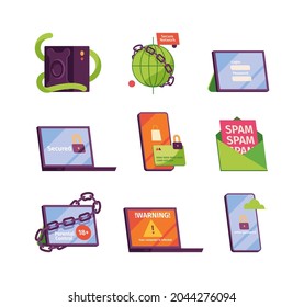 Cyber secure icons. Password protection online locks secure frames digital symbols garish vector flat illustrations