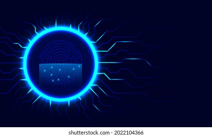 Cyber securitry concept.Abstract blue technology background.Fingerprint scanner.Protection identity data information.Circuit board.