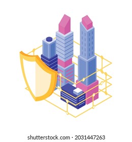 Cyber Security 3d Concept With Isometric City Buildings Protected With Shield Vector Illustration