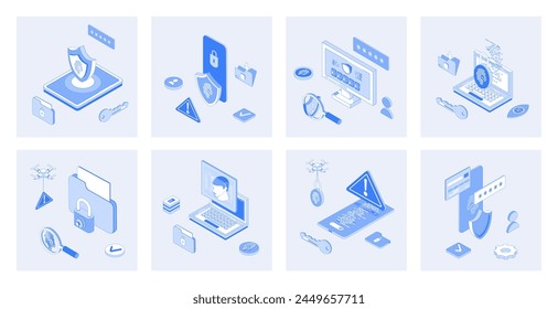 Cyber security 3d isometric concept set with isometric icons design for web. Collection of fingerprint scan verification, password lock access, hacker attack guarding software. Vector illustration