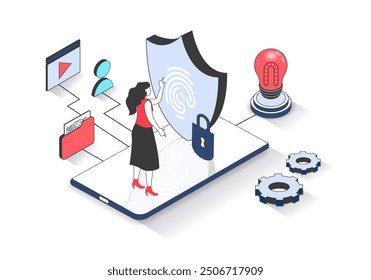 Cyber security 3d isometric concept with isometry people design for web. Woman using secure protection with fingerprint identity and password for access in mobile phone apps. Vector illustration.