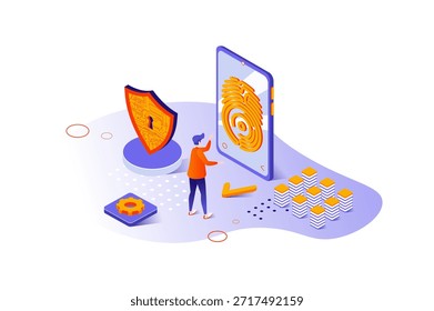 Concepto isométrico 3d de seguridad cibernética con diseño de personas isométricas para Web. Protección de los datos personales por parte del usuario y uso del escaneo de huellas dactilares y la Identificación biométrica segura para el acceso. Ilustración vectorial.