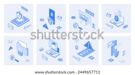 Cyber security 3d isometric concept set with isometric icons design for web. Collection of fingerprint scan verification, password lock access, hacker attack guarding software. Vector illustration