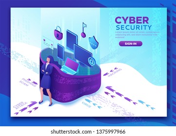 Cyber security 3d isometric vector illustration, data protection concept, firewall attack, phishing scam, information safety , laptop, computer, bank card