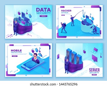 Cyber security 3d isometric vector illustration set, data protection concept, firewall attack, phishing scam, mobile information safety , server safety, smartphone, laptop, computer, bank card