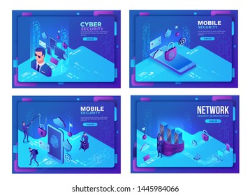 Cyber security 3d isometric vector illustration set, data protection concept, firewall attack, phishing scam, mobile information safety , server safety, smartphone, laptop, computer, bank card