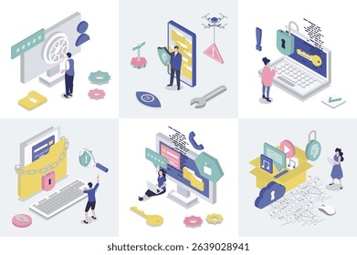 Cyber security 3d isometry concept for web design. Collection set with isometric people using safety access with data privacy protection, fingerprint verification and passwords. Vector illustration.