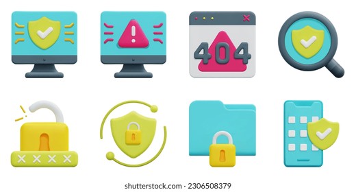 Cyber Security 3d vector icon set. Computer, cybercrime, error, password, search, secure folder, security system. Isolated on white background. 3d icon vector render illustration.