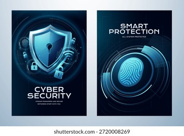 Diseño de póster A4 de seguridad cibernética con escudo digital y Tecnología de autenticación de huellas dactilares