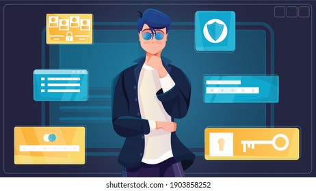 Cyber security abstract background with elements of protection of personal information flat vector illustration