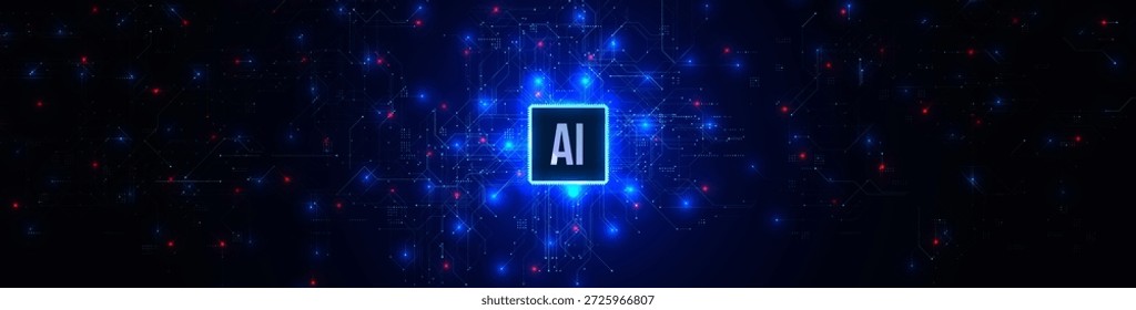 Segurança cibernética IA fundo brilhante circuito digital inteligência artificial rede cerebral, proteção de dados, prevenção de ataques de hackers, azul tecnologia digital banner apresentações. Ilustração vetorial