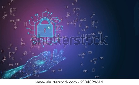 Cyber security ai background. Machine learning secure on digital hand. Blue background vector illustration