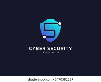 Cyber Security ai intelligence protection shield with circuit board lines letter s shapes logo vector design concept. Artificial intelligence Protection Guard for big data, ui, new tech, robot, web. 