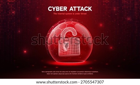 Cyber Security Alert. Cyber Crime Attack With Unlock Lock Icon In Red Protective Sphere, Digital Cybersecurity Warning Banner For Online Safety, Futuristic Tech Threat Concept, Vector Illustration.
