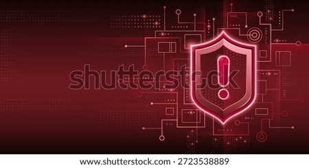 Cyber security alert with glowing red shield icon, exclamation mark and circuit board elements on dark backdrop. Digital threat concept - luminous protective shield symbol surrounded by tech patterns.