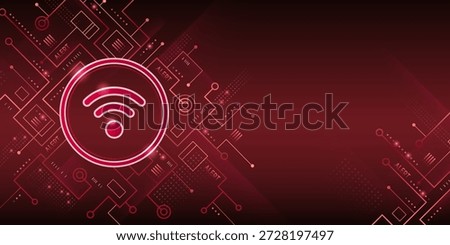 Cyber security alert sign on red tech background. Vector realistic illustration of unsafe connection warning symbol, risk of data hack, abstract circuit board pattern, antivirus software presentation