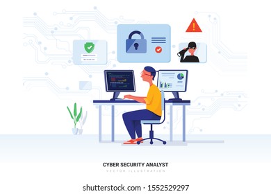 Cyber Security Analyst Concept With Character. Can Use For Web Banner, Infographics, Hero Images. Flat Vector Illustration Isolated On White Background.