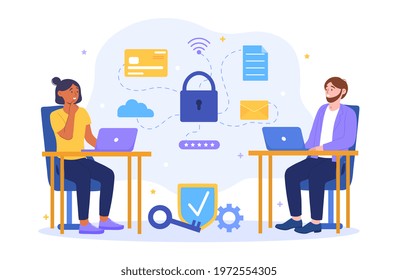 Cyber Security Analyst Team Working Designing New Software To Protect Personal Data. Flat Abstract Metaphor Cartoon Vector Illustration Concept Design. Isolated On White Background