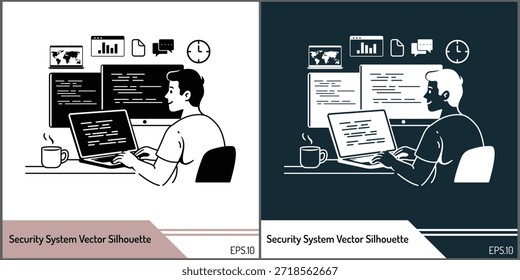 Analista de seguridad cibernética trabajando en la Ilustración vectorial del sistema de seguridad informática