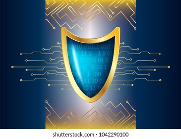 Cyber security antivirus concept with gold blue shield, futuristic lines and numbers. Protected web privacy technology design. Network security guard. Vector.