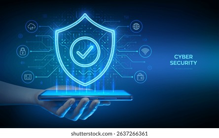 Cyber security app for smartphone protection. Protection shield with Check mark icon. Secure internet connection, vpn, encryption. Personal data protection. Smartphone in hand. Vector illustration.