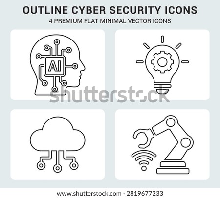 Cyber security and artificial intelligence outline icon set featuring AI head, circuit board lightbulb, gear cloud, network, and robotic arm line art vector icons