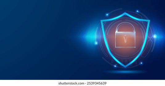 Cyber security attach concept. Data protection with shield and lock background vector editable