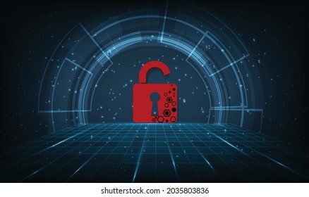 Cyber security attack technology concept.Padlock red open on dark blue background.Cyber attack and Information leak concept.Vector illustration.EPS10