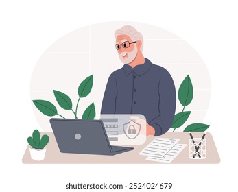 Cyber Security Awareness Month. Elderly man uses a password to enter his personal account. Vector flat illustration