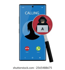 Cyber security awarness concept. Thief, scammer, hacker calling on smartphone to steal private data on devices. Vector