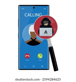 Cyber security awarness concept. Thief, scammer, hacker calling on smartphone to steal private data on devices. Vector