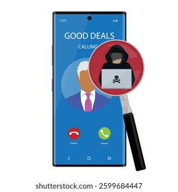 Cyber security awarness concept. Thief, scammer, hacker calling on smartphone to steal private data on devices. Vector