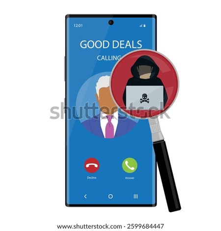 Cyber security awarness concept. Thief, scammer, hacker calling on smartphone to steal private data on devices. Vector