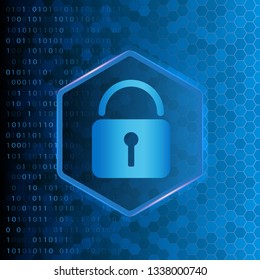 Cyber security background with abstract binary code, hexagons and a padlock lock symbol. Vector eps 10 illustration in glowing blue colors. 
